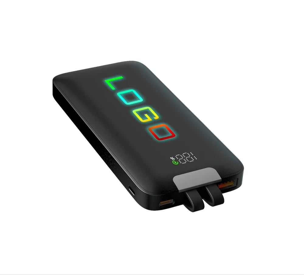Custom Glow Logo | TBCG 2 | Power Bank 10000mAh | Fast Charging | Built-in Type-C & Lightning Cables | Portable Power Bank for Corporate Gifting | Multi-Device Support | Black